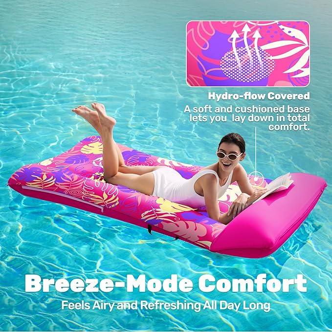 SLOOSH Inflatable Pool Floats Lounger - XL Fabric Covered Pool Mat Floaties for Adults, Ultra Comfort Water Floating Lounger with Headrest for Beach Lake Swimming Pool Float Raft 68"X34"