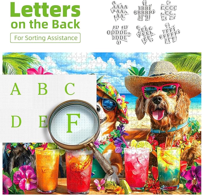 Puzzle 1000 Pieces Adult Tropical Dogs Beach Party Hawaiian Vacation Summer Cocktail Funny Animal Jigsaw Puzzles for Adults Difficult Challenging Family Game Night Gift Decor