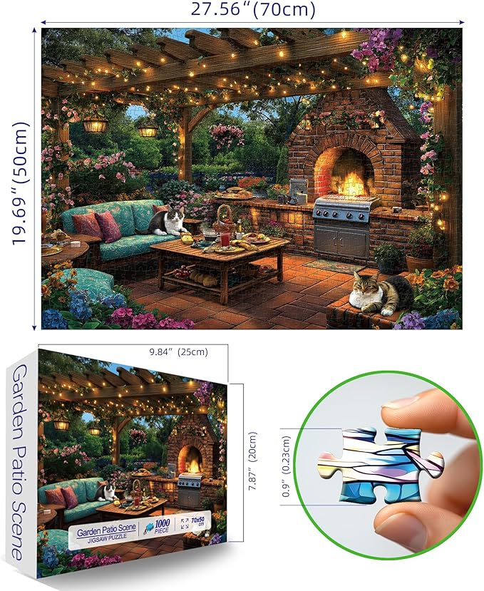 MINIWAN 1000 Piece Jigsaw Puzzle for Adults - Challenging Garden Patio Scene with Twinkling Lights, Vibrant Hydrangeas - 27.5"x19.7" Art Puzzle, Unique Gift for Game Nights