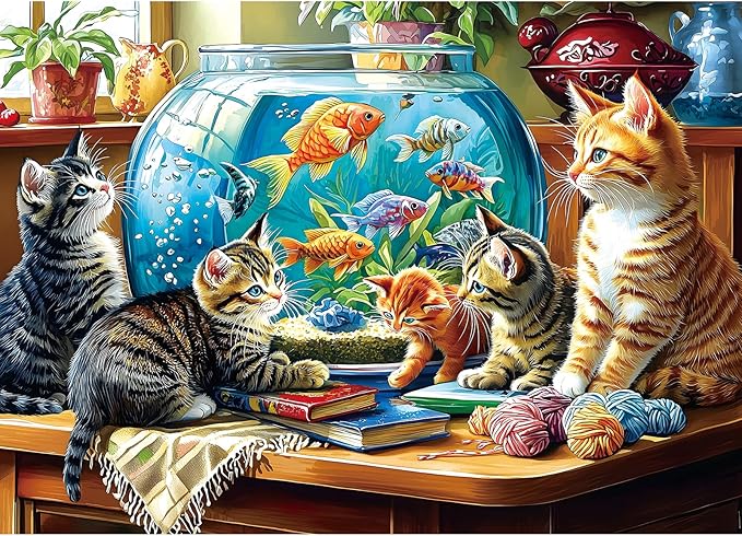 Cat Jigsaw Puzzle for Adults 1000 Piece, Colorful Kittens and Goldfish Bowl Scene, Stress-Relieving Relaxation Activity, 27.58 x 19.69 Inches