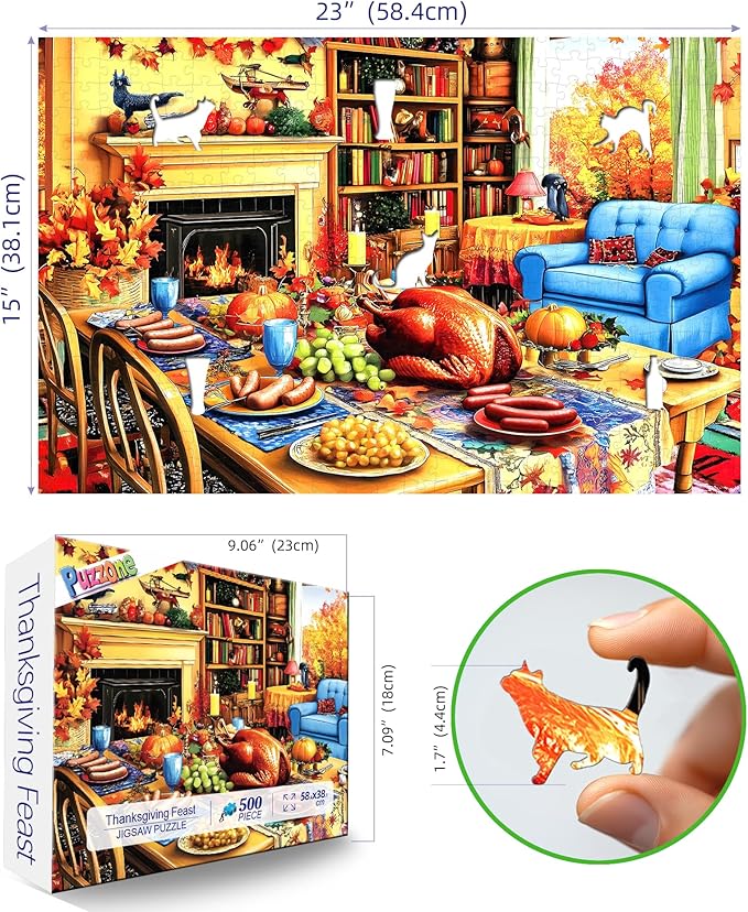 500 Pieces Thanksgiving Dinner Puzzle for Adults Autumn Living Room Scene with Roast Turkey & Fall Thanksgiving Table Decorations Cozy Holiday Family Game Gift - 23x15 Inch