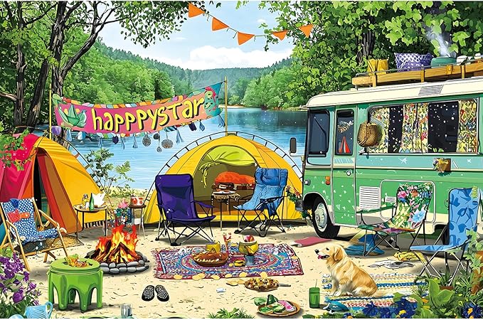 500 Pieces Jigsaw Puzzle for Adults, Vibrant Camping Scene with Retro Camper & Cute Pets, Thick Durable Cardboard, Ideal for Camping Enthusiasts & Puzzle Lovers