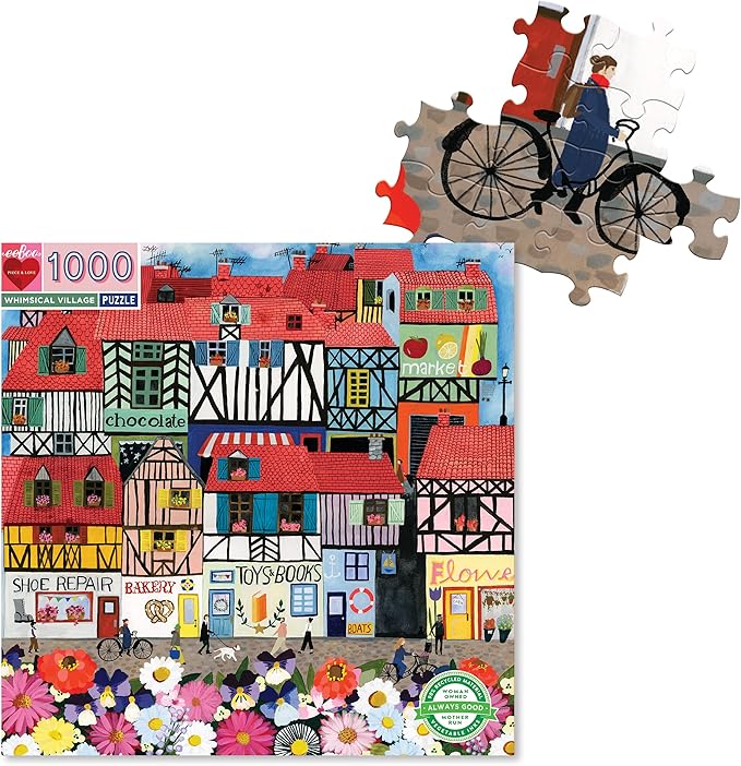eeBoo: Piece and Love Whimsical Village 1000-piece square Jigsaw Puzzle for Adults and Families, Includes Glossy, Sturdy Pieces and Minimal Puzzle Dust