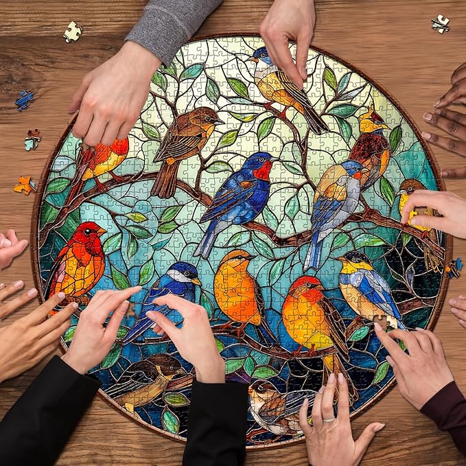 Stained Glass Puzzle Bird Puzzles for Adults 1000 Pieces, Colorful Round Bird Tree Jigsaw Puzzle, Impossible Hard Difficult Puzzles for Adults, Challenging Puzzles as Home Wall Decor