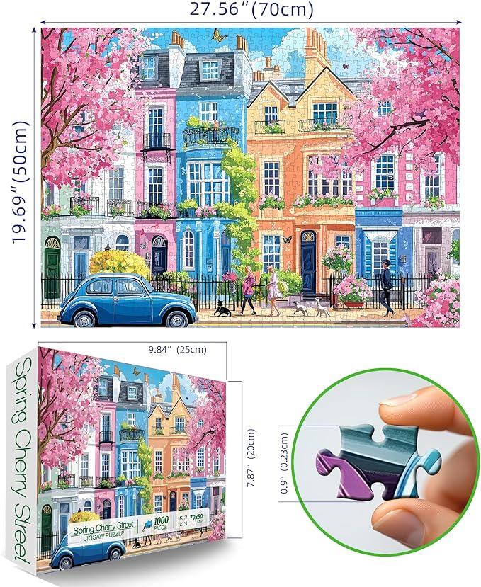 Spring Sakura Blossom Street 1000 Piece Puzzles for Adults, Clearance Impossible Challenge Art Jigsaw Puzzles, for Gift Birthday Party Games Family, 27.5X19.7 Inch Dust Free Puzzle