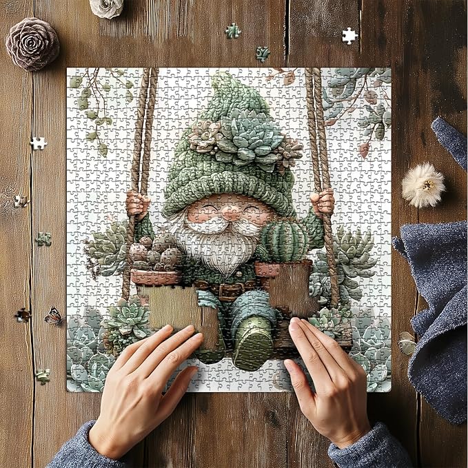 Cute Gnome Puzzles for Adults 1000 Piece, Nature Cactus Succulent Plant Themed, Funny Spring Gnome Jigsaw Puzzles Challenging