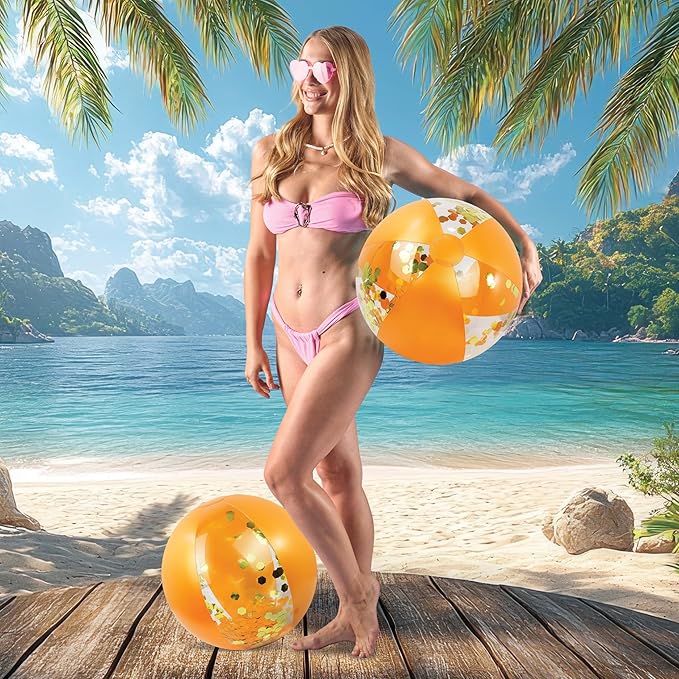 POZA Inflatable Beach Balls - Elegant Glitter Confetti Premium Floaters, Heavy Duty Vinyl Floatation Pool Toys for Pool Beach Party, UV Resistant Pool Décor