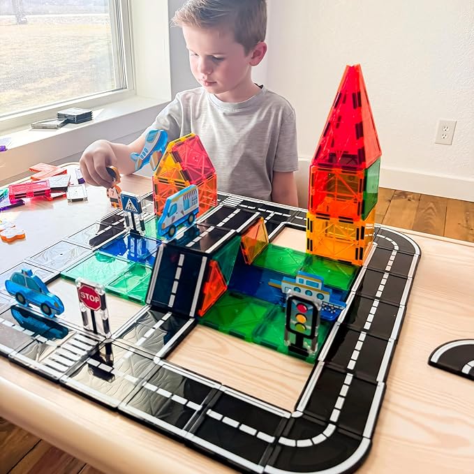 104 PCS Magnetic Tiles Road Set, STEM Construction Toys for Kids Ages 3-5 5-7 4-8, Magnet Building Blocks for Toddler Toys Games, Christmas Birthday Gifts for 3+ Year Old Boys Girls