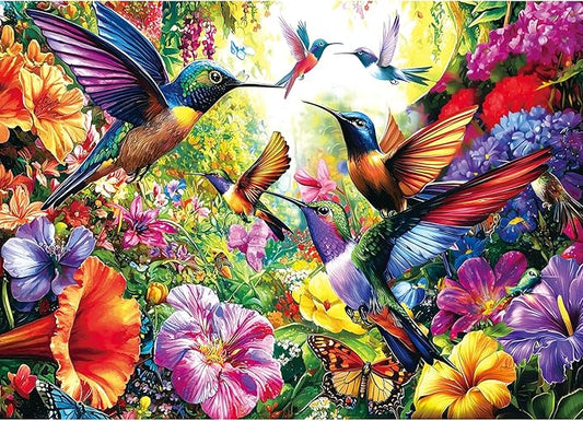 1000 Piece Hummingbird Jigsaw Puzzle - Vibrant Floral Bird Garden with Butterflies, Colorful Nature Art Puzzle for Adults and Families