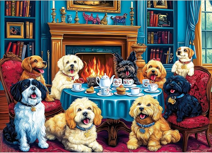 1000 Pieces Puzzles for Adults, Cozy Library Dogs Jigsaw Puzzle - Dogs' Dinner Party with Books & Fireplace for Adults and Teens Family Challenging for Game Nights (27.5 x 19.7 Inch)