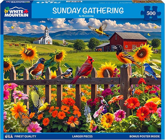 White Mountain 500 Piece Jigsaw Puzzle Spring Flower Bird Puzzles with Large Pieces Gift for Adults and Family 18"x24" - Sunday Gathering