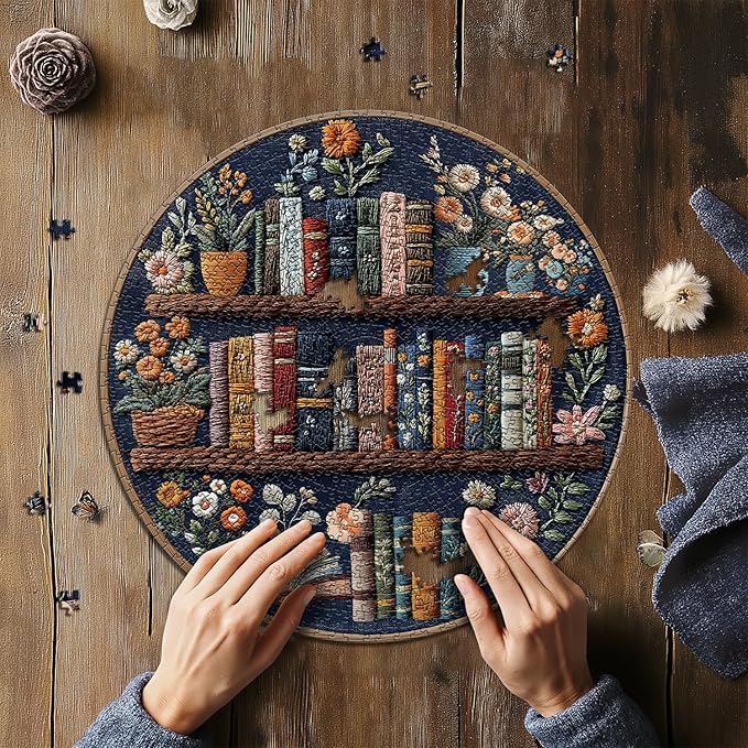 PICKFORU Blooming Bookshelf Puzzles for Adults 1000 Pieces, Round Book Flower Puzzle Library, Wildflower Pages Jigsaw Puzzles, Circle Vintage Floral Plant Embroidery Aesthetic Challenging
