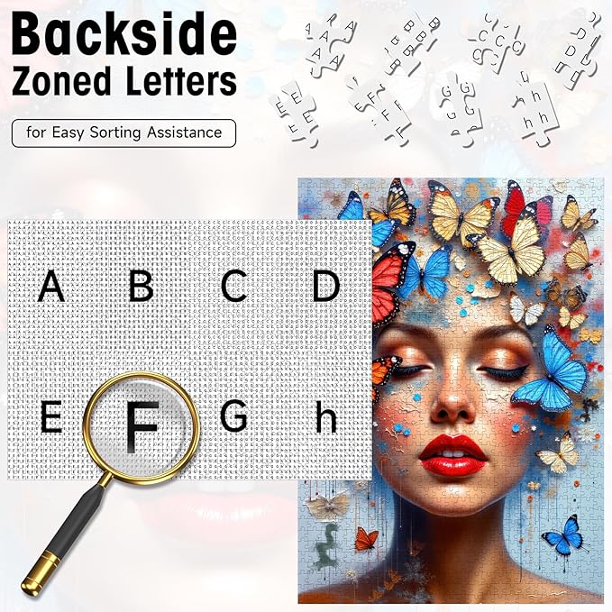 Butterfly Woman Face Puzzles for Adults 1000 Pieces, High Difficulty Surreal Abstract Portrait Art Jigsaw Puzzle with Letters on Back, 20x28 Unique Wall Decor & Family Game, Easter