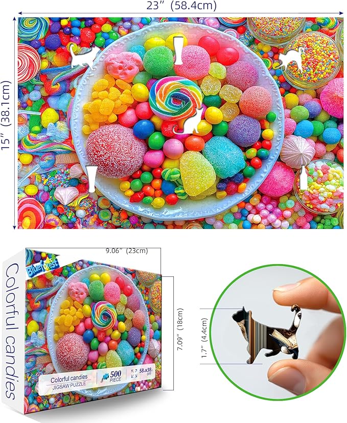 Colorful Candy Sweets 500 Piece Jigsaw Puzzle for Adults Vibrant Rainbow Gummies Candies Delicious Lollipops Desserts Design Puzzles with Letters on Back Fun Family Challenging Puzzle(23''×15'')