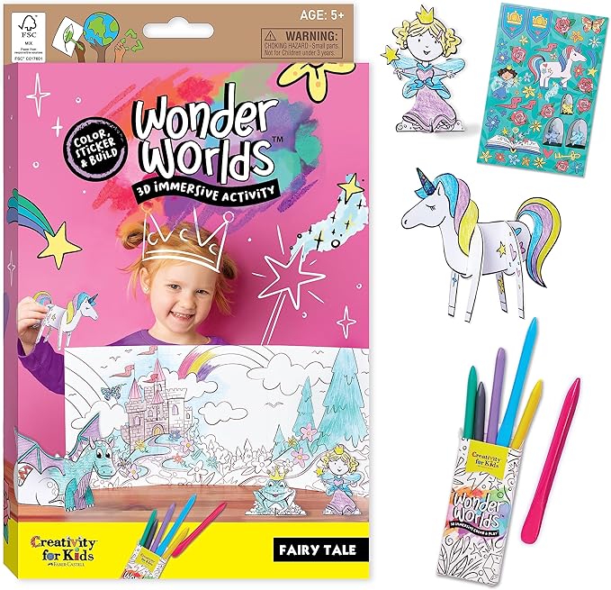 Creativity for Kids Wonder Worlds 3D Coloring Book: Fairy Tale - Unicorn and Princess Kids Coloring Art Set, Boys and Girls Gifts (Ages 5+)
