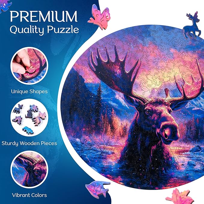 ESTROSO Magical Wooden Puzzle for Adults with Beautiful Moose Animal Design - 500 Piece Each Luxury Unique Shape Wooden Puzzle with Exquisite Wooden Box for Gift - 16.7x15.1 Inch