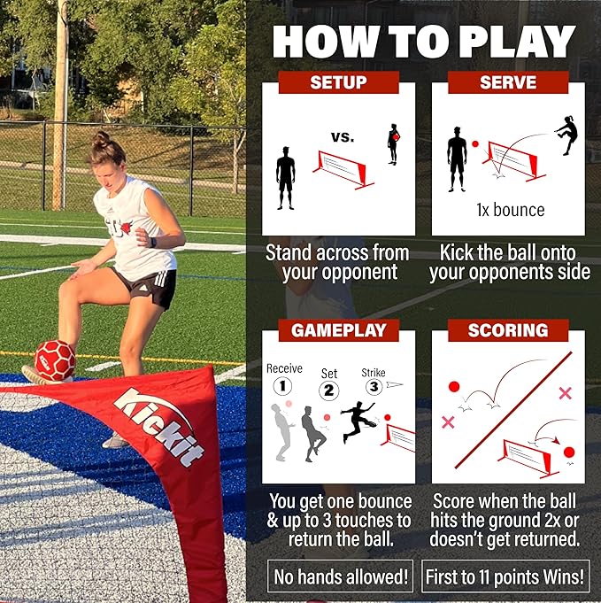 Kickit Soccer Tennis Game Set, Portable 6.5' Wide x 2' High Net & Soft Lightweight Ball, Play Outdoors, Indoors, Backyard, Beach, Complete Skills Training & Travel Friendly, Original