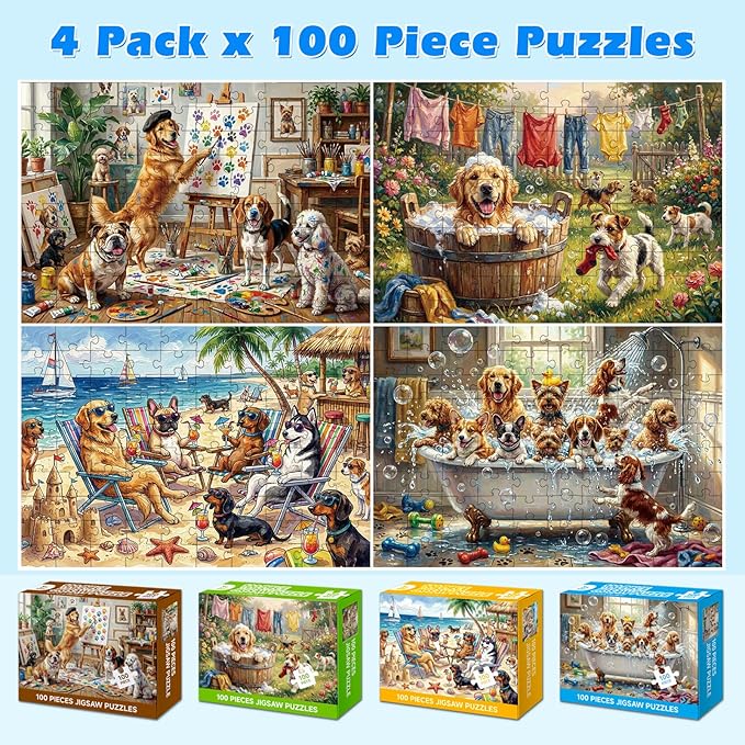4-Pack 100 Piece Puzzle, Funny Dogs 100 Piece Puzzles for Adults Seniors, Cute Animals Large Piece Jigsaw Puzzles 100 Pieces for Seniors Adults Family Game Gifts (15x10 in)