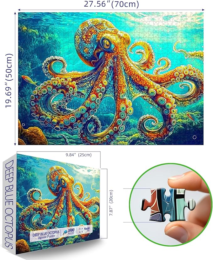 MINIWAN Vibrant Oil Painting Style Giant Octopus Jigsaw Puzzles for Adults 1000 Pieces, Colorful Underwater Common Octopus Jigsaw Puzzle, Gift for Marine Animal & Art Lovers 27.5x19.7 Inch