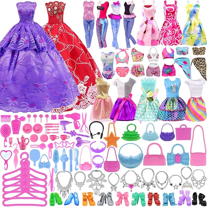 Ecore Fun 120 Pcs Fashion Doll Closet Wardrobe for Clothes and Accessories Storage Include Clothes, Dresses, Shoes, Shoes Rack, Bags, Necklace, Hangers for 11.5 Inch Girl Doll Clothes