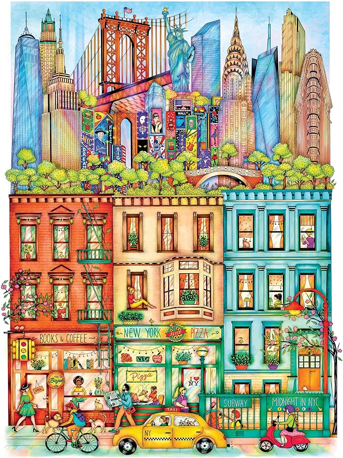 Hard & Challenging 1000 Piece Puzzle for Adults – Cities at Midnight New York by Madalina Tantareanu – Empire State Building, Statue of Liberty & Brooklyn Bridge – Difficult 27x20 Jigsaw by KI Puzzles