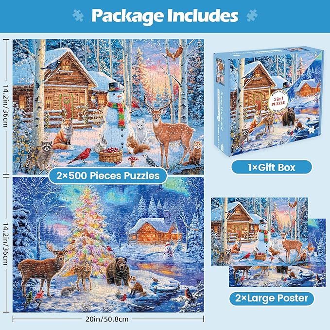Sutinban 2 Pack Christmas 500 Piece Puzzles for Adults, Snowy Aurora Winter Jigsaw Puzzle for Adults Seniors, Happy New Year Gift Snowman Deer Challenging Colorful Puzzles Family Game Gift Decor