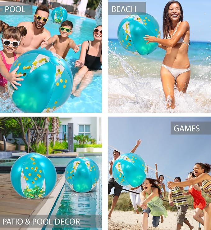 POZA Inflatable Beach Balls - Elegant Glitter Confetti Premium Floaters, Heavy Duty Vinyl Floatation Pool Toys for Pool Beach Party, UV Resistant Pool Décor