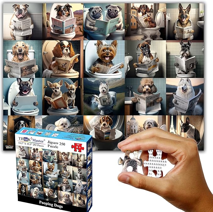 Think2Master Pooping Dogs 250 Pieces Jigsaw Puzzle Featuring heartwarming Puppies and Dogs. Perfect Bathroom Decoration, White Elephant Gag Gift. Fun Puzzle for Adults & Seniors Size: 14.2” X 19.3”