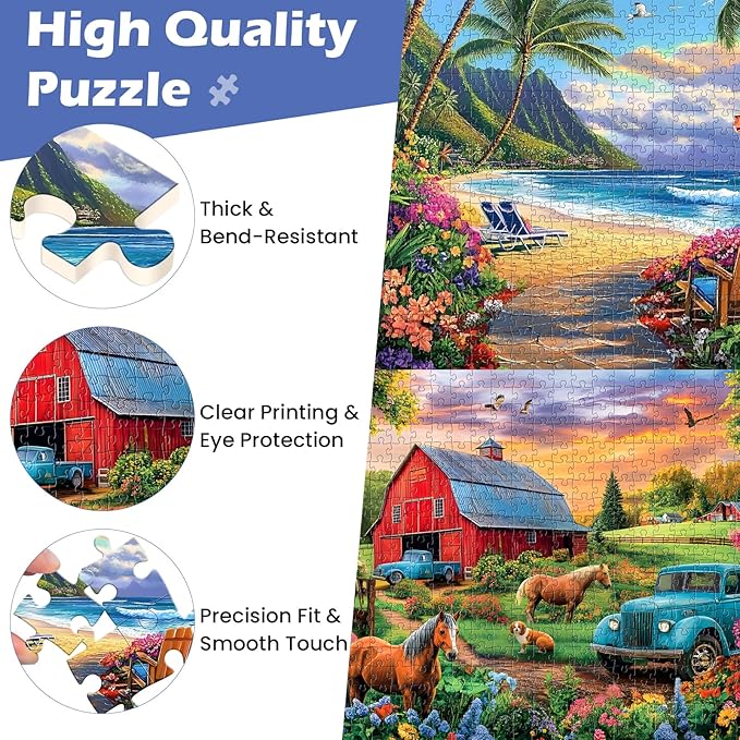 2 Pack 500 Pieces Puzzle for Adults, Beach Farm Puzzle for Adults Seniors, Horse Dog Tractor Flower Jigsaw Puzzles 500 Pieces, No Dust Colorful Challenging Puzzles Game Gift 20.5 * 15
