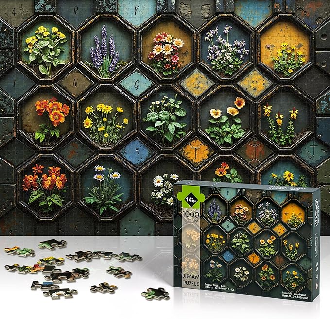 Puzzles for Adults 1000 Pieces, Flower Plant Mosaic Garden, Nature 1000 Piece Puzzle for Adults Seniors, Hard Jigsaw Puzzles 1000 Pieces with Letters on Back for Family Fun Gift, 1:1 Poster