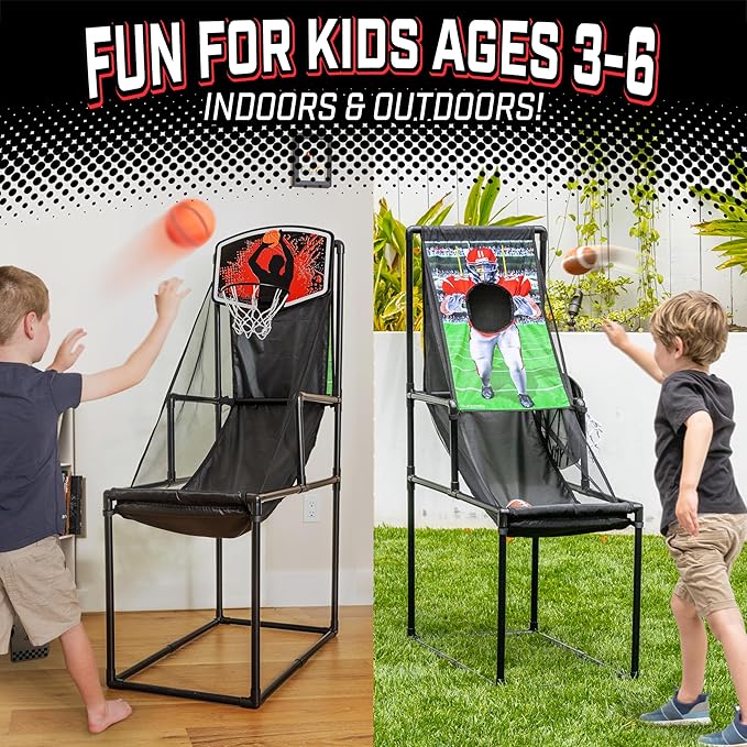GoSports 2 in 1 Basketball & Football Toss Arcade Game - Indoor & Outdoor Toy Hoop for Kids Ages 3-8