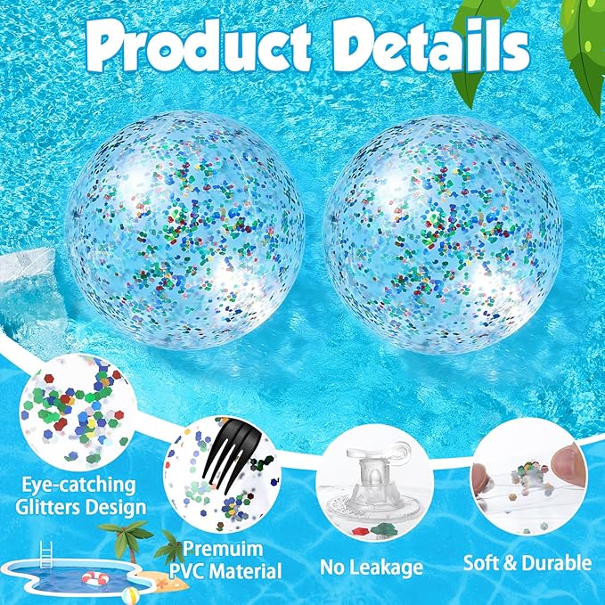 12 Pack Colorful Glitter Beach Balls 16" Large Inflatable Sparkly Confetti Pool Balls Glitter Pool Toys PVC Jumbo Sport Ball for Birthday Hawaiian Wedding Christmas Happy New Year Party Favor