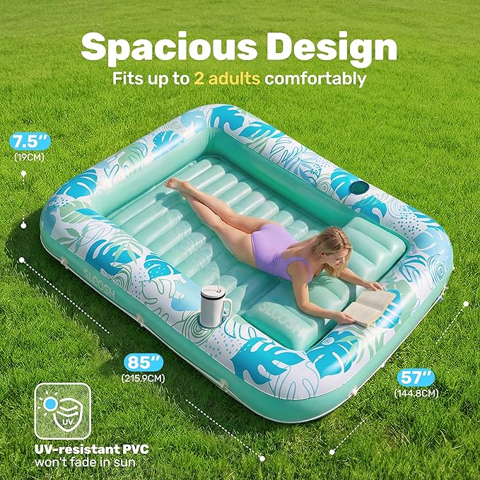 SLOOSH Inflatable Tanning Pool Lounger Float,85" x 57" Extra Large Pool Floats Adult with Pillow,4 in 1 Suntan Tub Raft Floatie,Sunbathing Bed Lounge Blow Up Ball Pit Party Gifts,XL-Cyan White