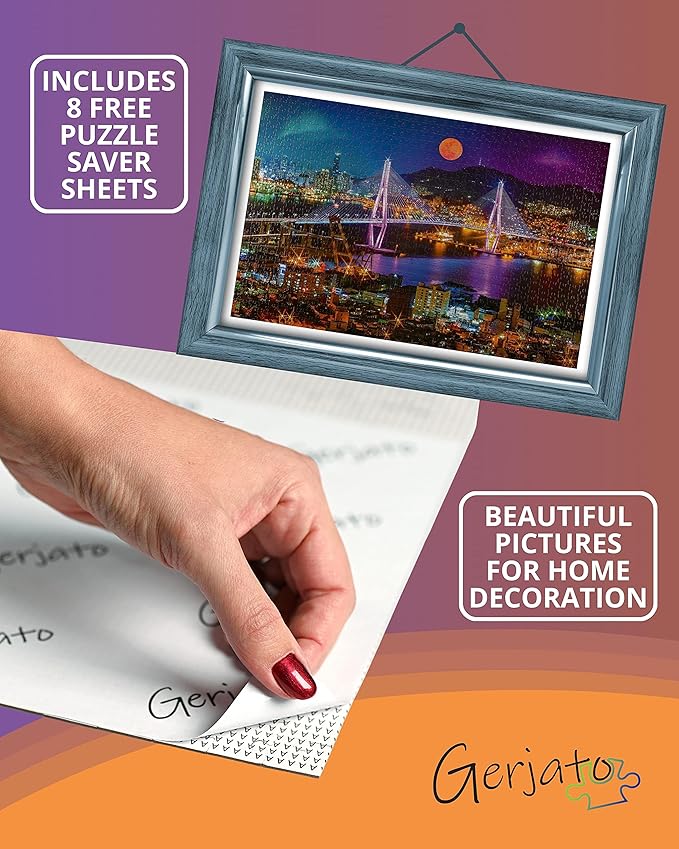 1000 Piece Puzzle for Adults - Vibrant Night Cityscape with Moonlit Bridge, Gift-Ready Box, Letters on Back, 8 Jigsaw Puzzle Saver Sheets & Full-Size Poster by GERJATO - Ideal Gift for Loved Ones