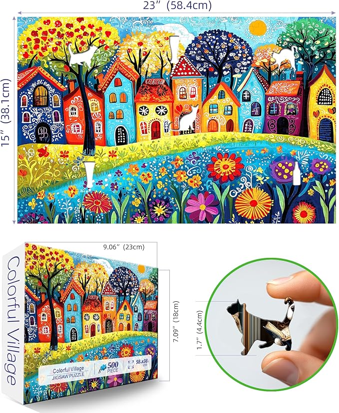 500 Piece Puzzle for Adults, Jigsaw Puzzles with Colorful Village Houses, Funny Puzzle, Perfectly Fitting Pieces, Home Decor Birthday Party Gift for Adults Seniors 23x15 Inches