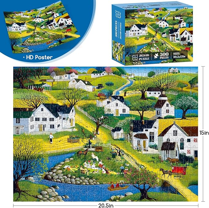 500 Piece Puzzle for Adults | Seaside Village Puzzle |Recycled Cardboard White Villa Jigsaw Puzzles 500 Pieces |Challenging America Town Folk Art Puzzles Perfect for Game Nights Best Xmas Gift 20.5*15