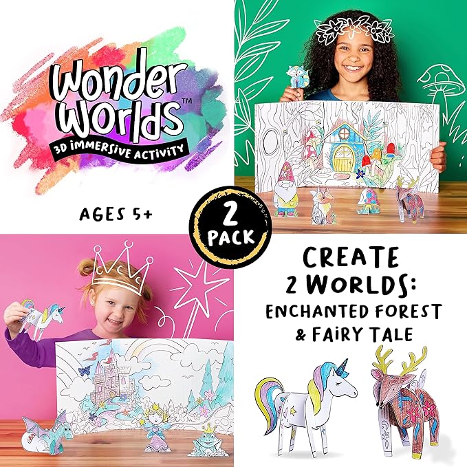 Creativity for Kids Wonder Worlds 3D Coloring Kit, 2 Pack: Princess Fairy Tale and Enchanted Woodland Forest - Kids Coloring Book Activity Kit, Small Gifts for Kids (Ages 5+)