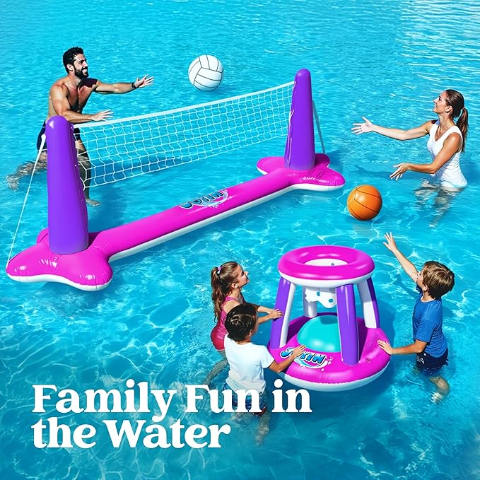 JOYIN Inflatable Pool Float Set Volleyball Net & Basketball Hoops, Floating Swimming Game Toy Floaties for Kids and Adults Volleyball Court (105”x28”x35”)|Basketball (27”x23”x27”),L-Pink Purple