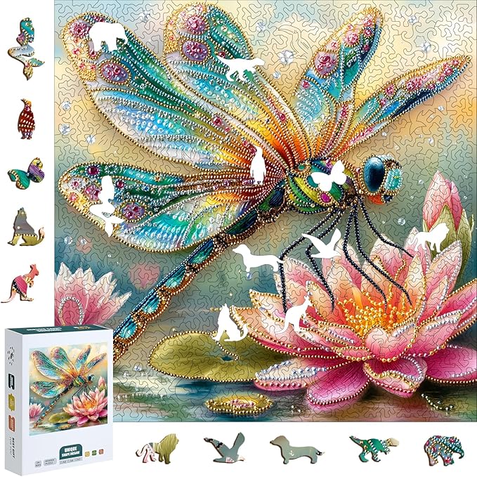Wooden Puzzles for Adults, 210 Pieces Unique Dragonfly & Lotus Pattern Wooden Jigsaw Puzzle, Sparkling 3D Decorative Wood Puzzle, Easter Gift for Mom, for Adult Puzzle Lovers