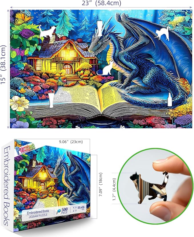 Dragon Jigsaw Puzzle for Adults 500 Piece, Magic Dinosaur Reading Books Puzzles Fantasy Animal Wildflower Challenge for Adults, Family, Decoration, Party Game, Finished Size 23" x 15"