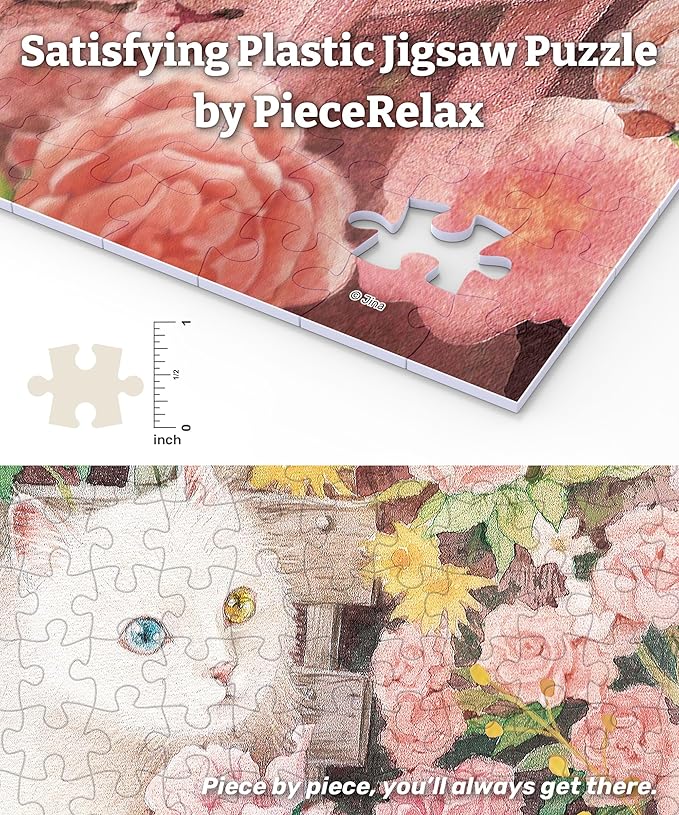 PieceRelax PieceClicks Plastic Jigsaw Puzzle for Adults 1000 Pieces - Jina - A cat in The Rose Garden - 25.2 X 18.9 Inches, Most Satisfying Table Games, No Glue Needed [U1051]