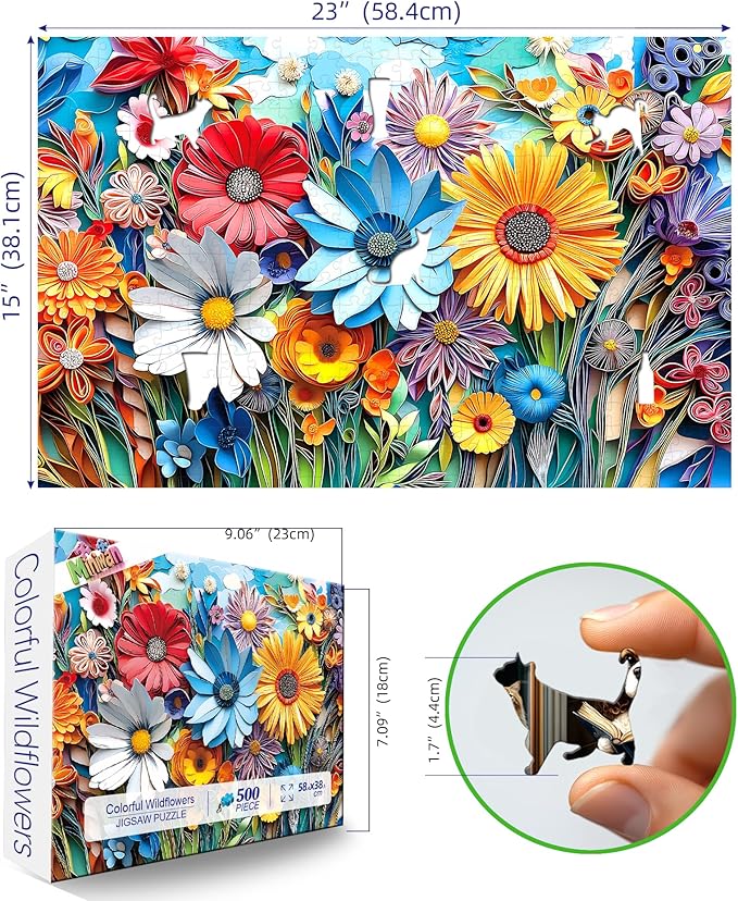 MINIWAN 500 Piece Puzzles for Adults - Vibrant Quilled Paper Art Floral Jigsaw Puzzle, 23x15 Inches with Unique Shaped Pieces for Relaxation & Home Wall Decor