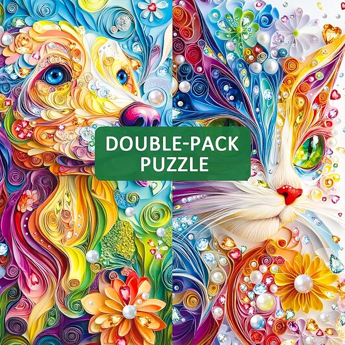 1000 Piece Puzzles for Adults, 2 Pack of Challenging Shaped Cat Puzzles, Pearl Cat and Pearl Dog Theme, Idea Gifts