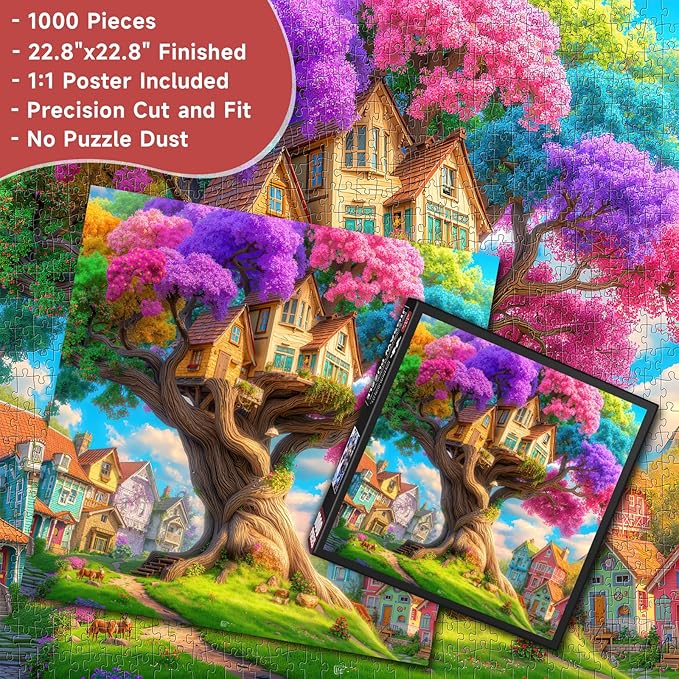 Magical Rainbow Treehouse 1000 Piece Jigsaw Puzzle for Adults - Fantasy Village Scene with Neon Foliage, Poster & Lettered Back, 22.8" Square HD Quality, Unique Gift for Fantasy & Art Lovers