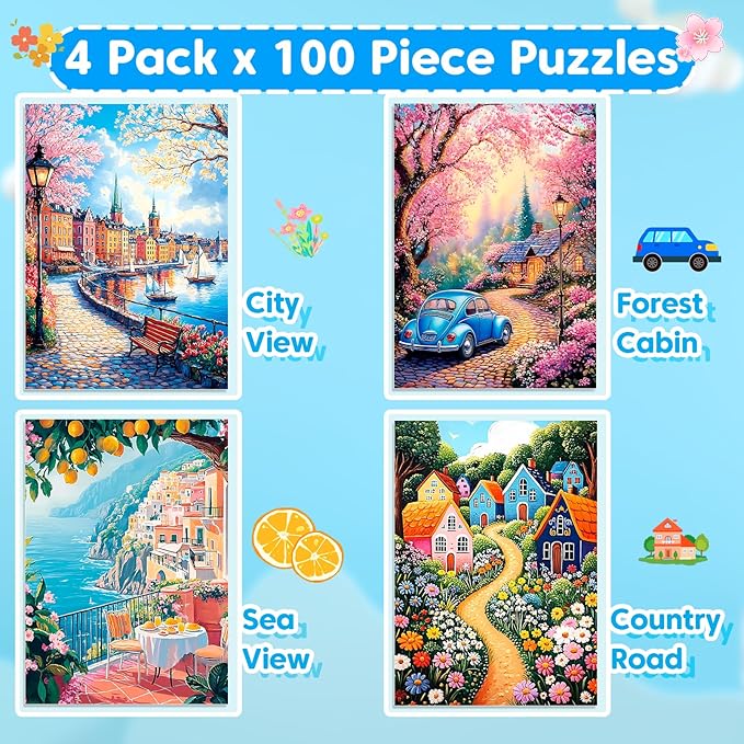 4-Pack 100 Piece Puzzle for Seniors Family Puzzles for Kids and Adults - City & Country View - Large Piece Puzzles for Kids Ages 4-6 6-8 8-10 Learning Educational Toys for Boys and Girls