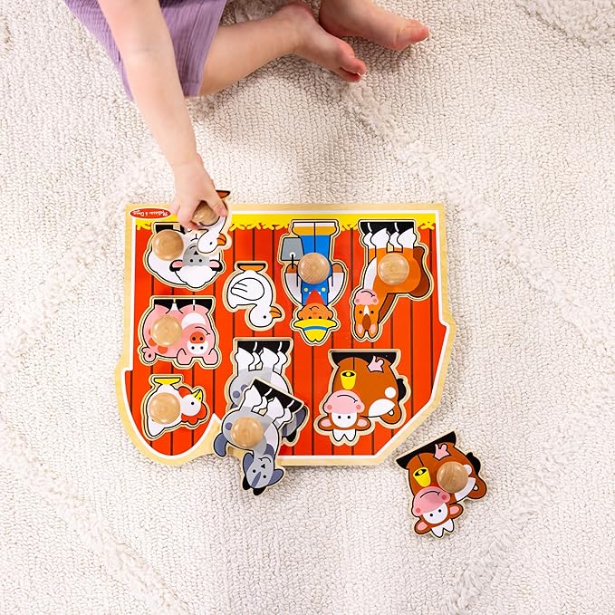 Melissa & Doug Farm Animals Jumbo Knob Puzzle, Wooden Peg Puzzle for Toddlers, Educational Toy for Shape Recognition and Fine Motor Skills, Ages 1+