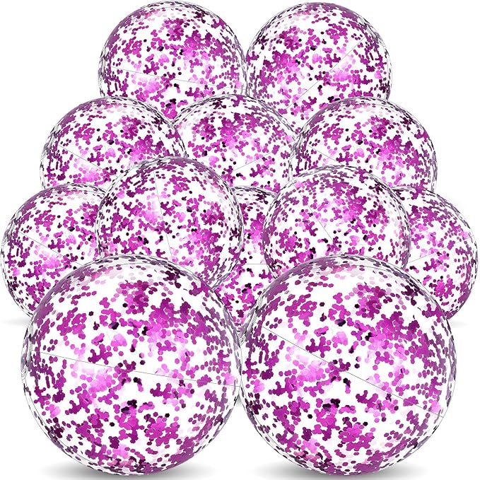 Lewtemi 12 Pcs Inflatable Glitter Beach Balls 16 Inch 24 Inch Shiny Giant Confetti Balls Swimming Pool Beach Blow up Balloon for Outdoor Summer Party Wedding Decor(Purple)