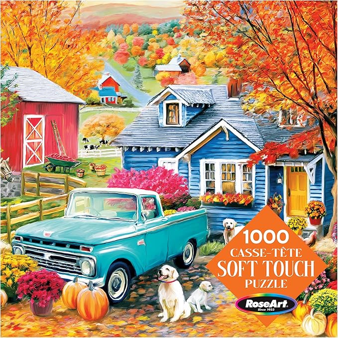 RoseArt - Soft Touch - Autumn Hill Cottage - 1000 Piece Jigsaw Puzzle, Autumn Country Scene Puzzle for Adults - Made in USA