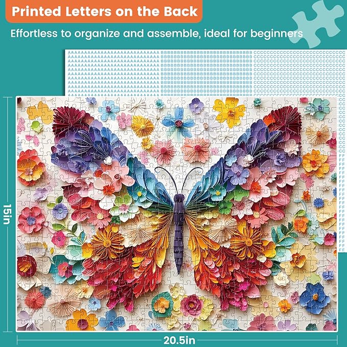 500 Piece Puzzle for Adult,Colorful Butterfly Flower Puzzle for Adults Seniors,Vivid Butterfly Paper Art Unique Fun Jigsaw Puzzle,Challenging Family Game Gift for Friends Men Women Seniors, 20.5*15In