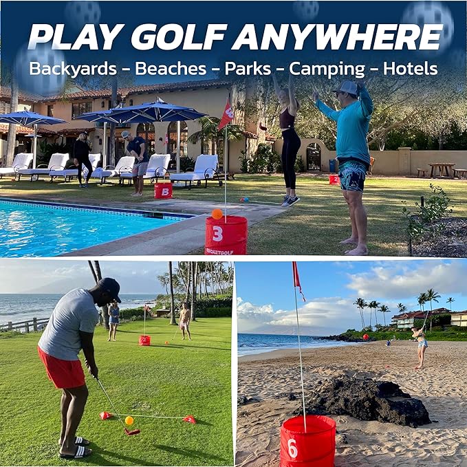 bucketgolf 9 Hole Bundle - Outdoor Golf Game for All Ages. Adults, Kids, Family. Play Anywhere - Yards, Beach, Park, Backyard. Includes 2 Clubs (1 RH + 1 LH)